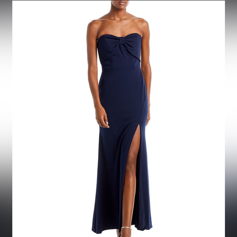 AQUA Scuba Strapless Bow Front Gown Navy